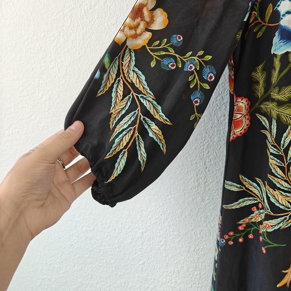 Johnny Was Zorya 100% Silk Floral Print Puff 3/4 Sleeve Mini Dress Black Size XS - Picture 5 of 15